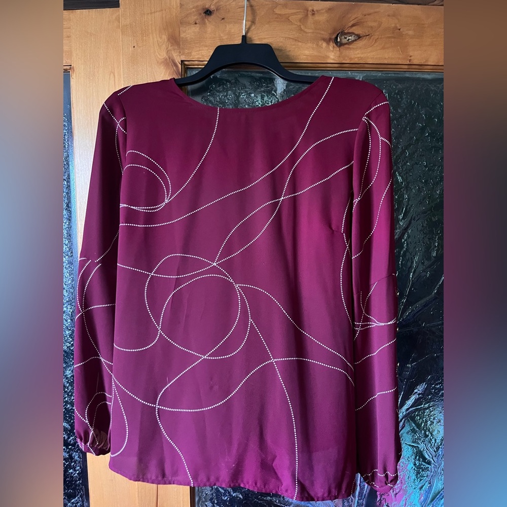 Wms Long Sleeve Blouse - Wine with Stitch Detail